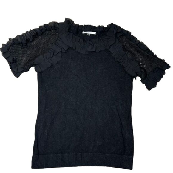 Sioni Women's Black Mixed Mesh & Ruffle Short Sleeve Blouse Size M - Picture 2 of 6